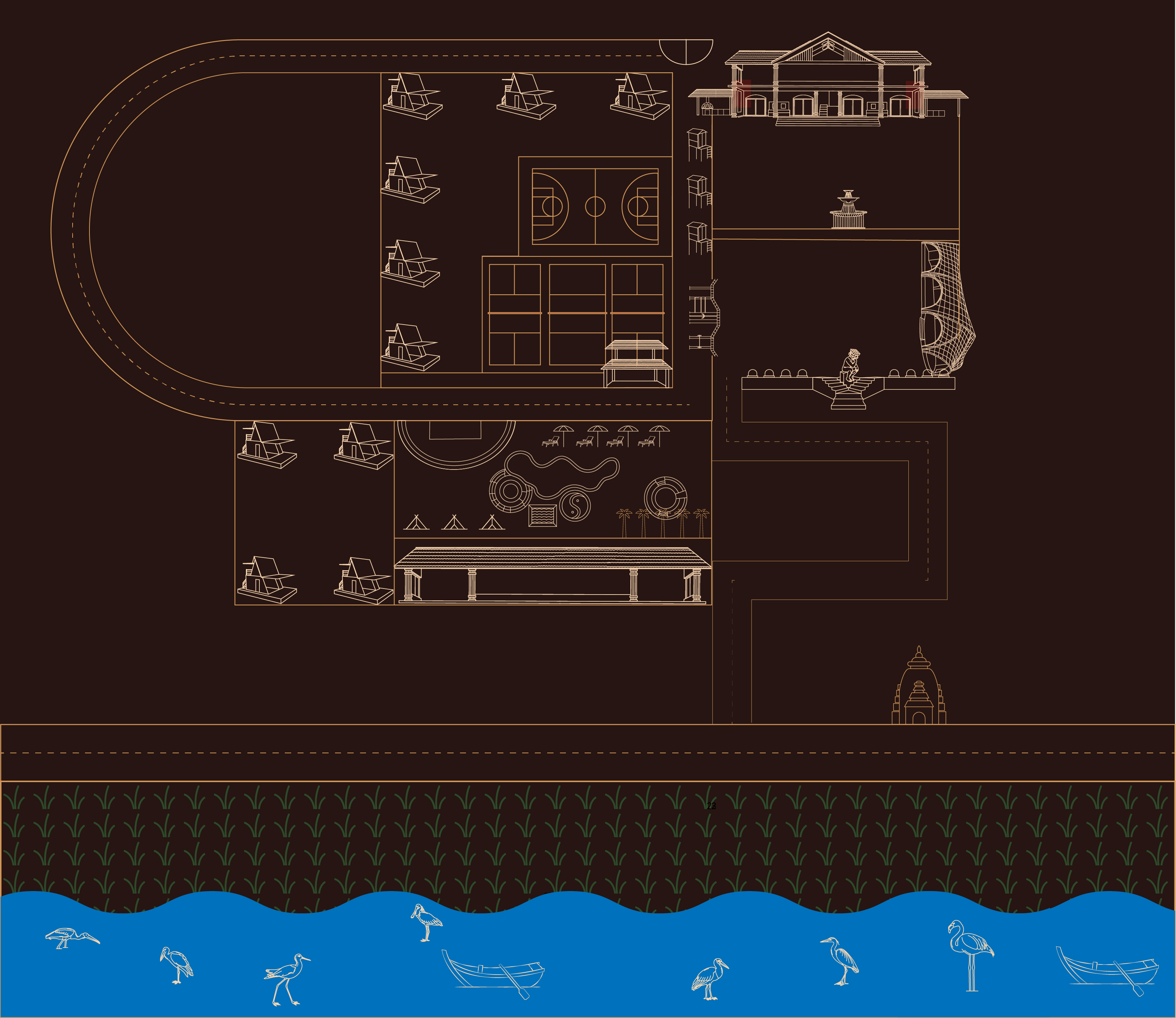 Illustrated estate map with the clubhouse, courts, cabins and lakeside